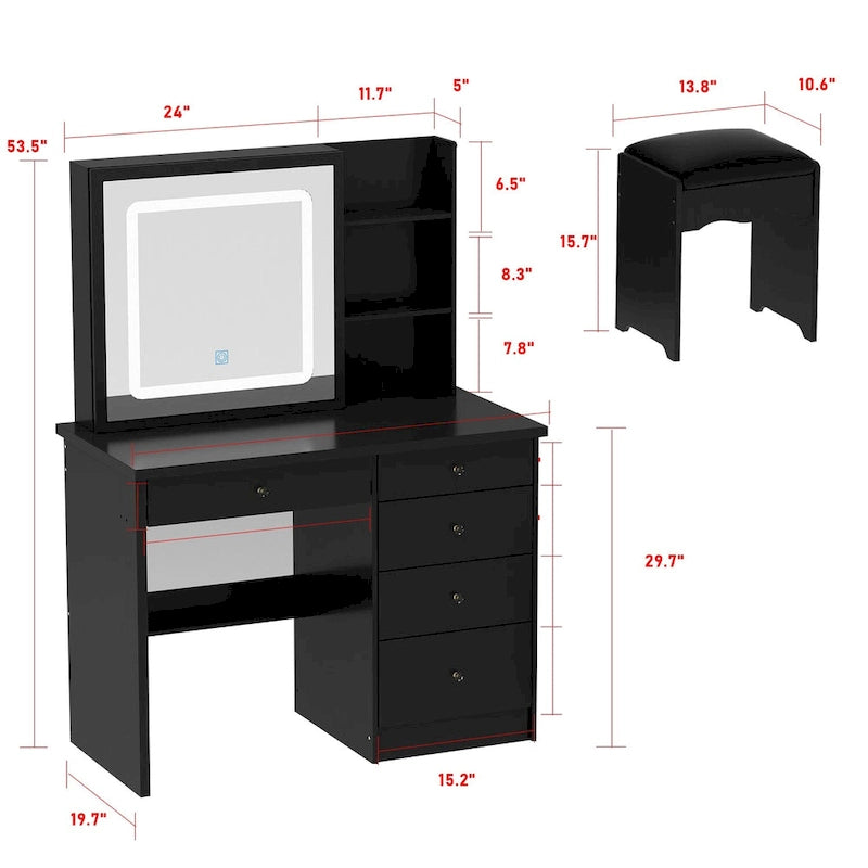 Set Tavolo da Trucco Bianco/Nero con Specchio LED a 3 Colori e Sgabello – 1 Persona