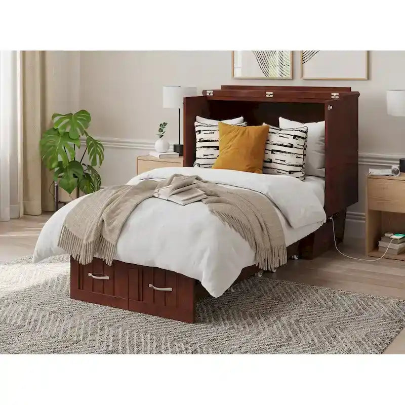 Cassettiera letto a scomparsa singola noce, con cassetto, per 1 persona