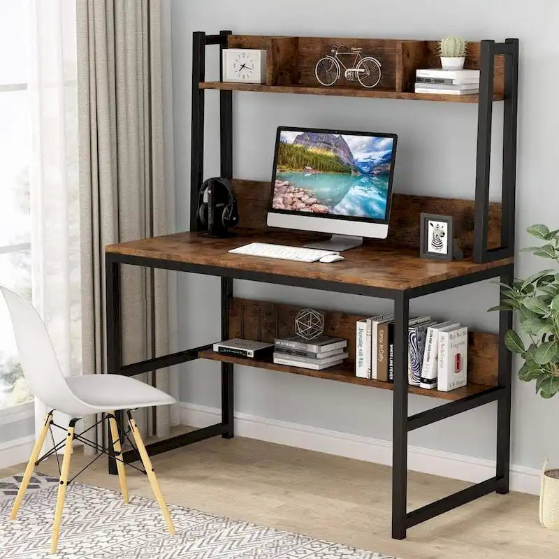 Scrivania a credenza industriale marrone/acero con ripiani, 1 persona, 107 cm L