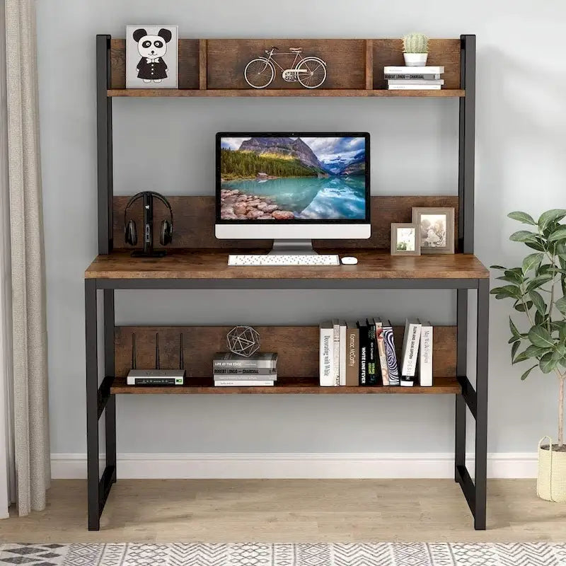 Scrivania a credenza industriale marrone/acero con ripiani, 1 persona, 107 cm L