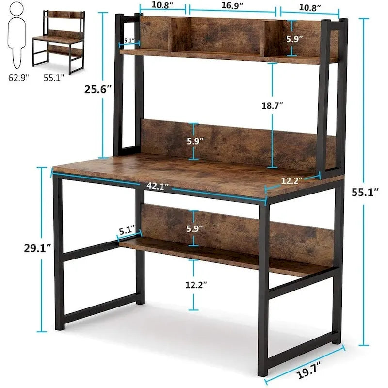 Scrivania a credenza industriale marrone/acero con ripiani, 1 persona, 107 cm L