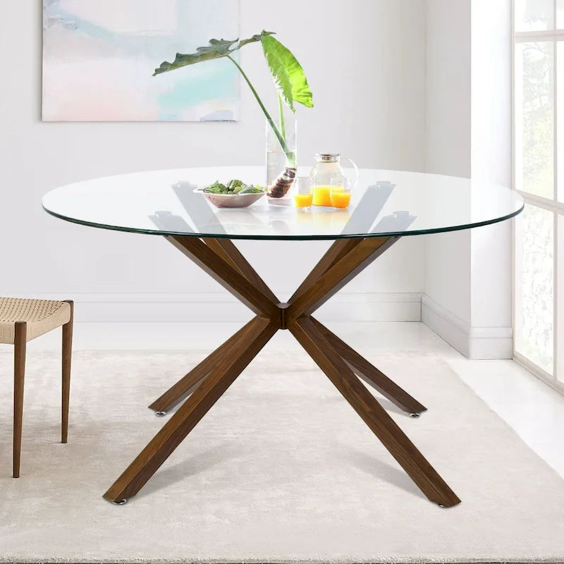 Round 39  Glass Dining Table Walnut Table Leg - 39 x30 x27 