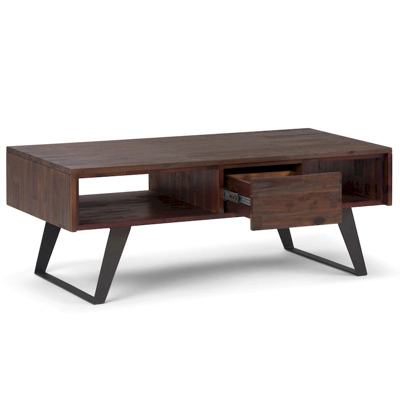 Tavolino da Caffè in Legno Massello e Metallo, Effetto Invecchiato / Naturale, 2 Posti — 122cm L × 56cm P × 46cm H