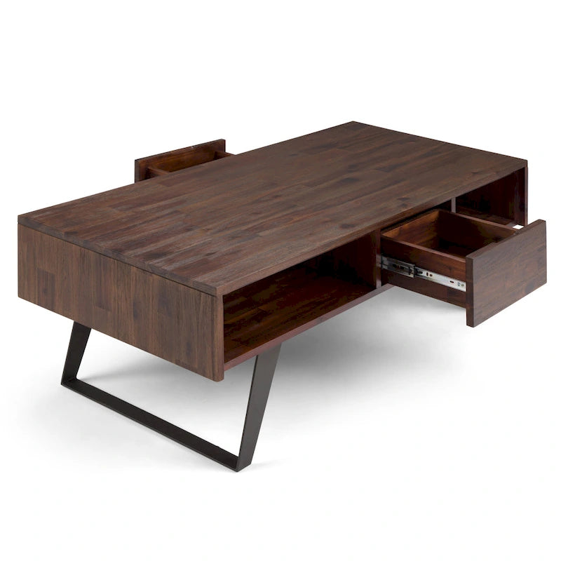 Tavolino da Caffè in Legno Massello e Metallo, Effetto Invecchiato / Naturale, 2 Posti — 122cm L × 56cm P × 46cm H