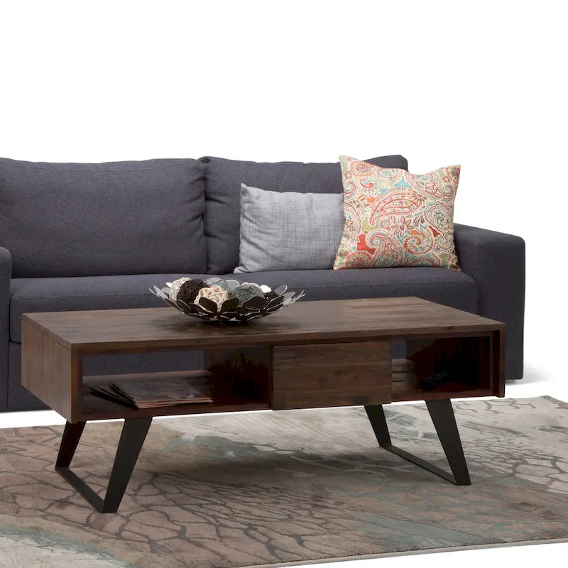 Tavolino da Caffè in Legno Massello e Metallo, Effetto Invecchiato / Naturale, 2 Posti — 122cm L × 56cm P × 46cm H