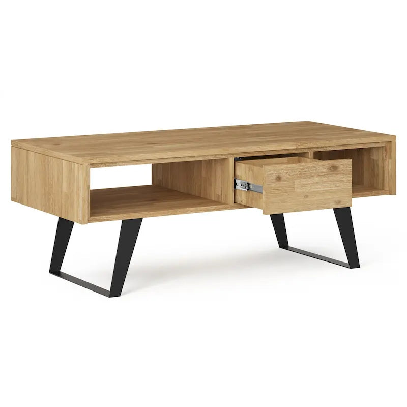 Tavolino da Caffè in Legno Massello e Metallo, Effetto Invecchiato / Naturale, 2 Posti — 122cm L × 56cm P × 46cm H