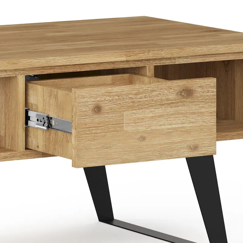 Tavolino da Caffè in Legno Massello e Metallo, Effetto Invecchiato / Naturale, 2 Posti — 122cm L × 56cm P × 46cm H