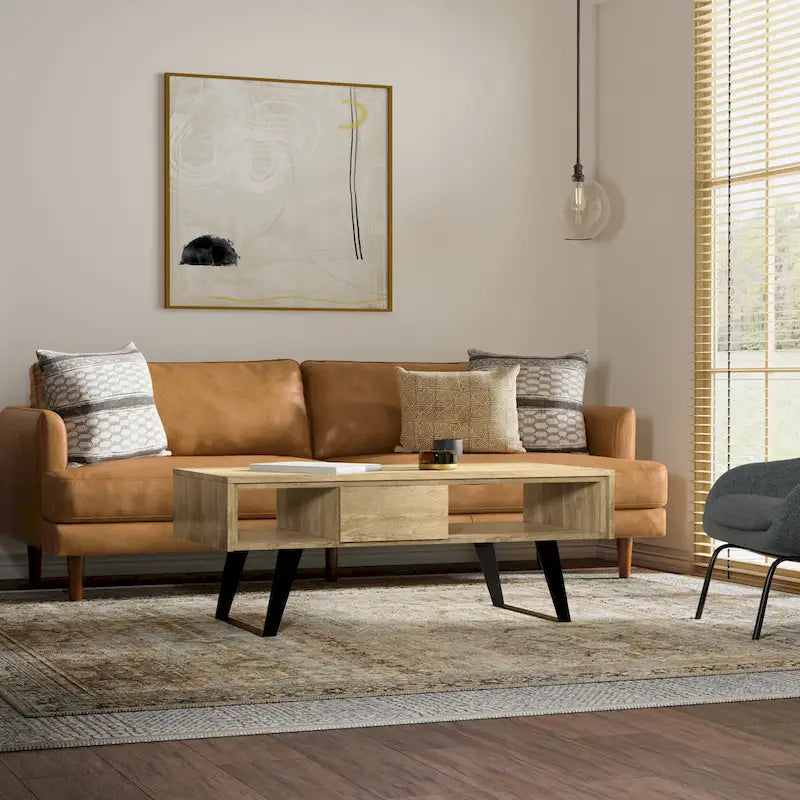 Tavolino da Caffè in Legno Massello e Metallo, Effetto Invecchiato / Naturale, 2 Posti — 122cm L × 56cm P × 46cm H