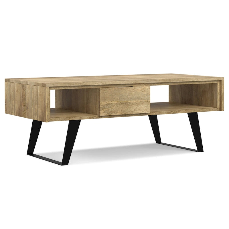 Tavolino da Caffè in Legno Massello e Metallo, Effetto Invecchiato / Naturale, 2 Posti — 122cm L × 56cm P × 46cm H