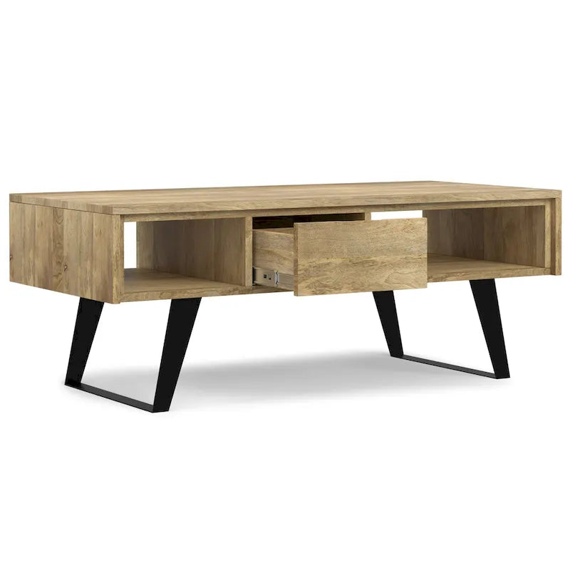 Tavolino da Caffè in Legno Massello e Metallo, Effetto Invecchiato / Naturale, 2 Posti — 122cm L × 56cm P × 46cm H