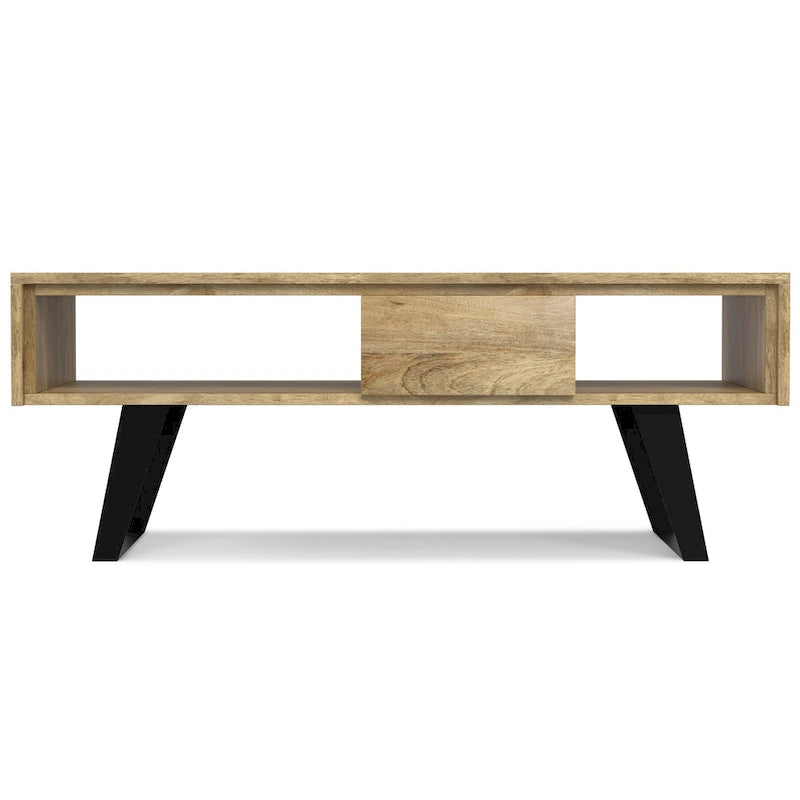 Tavolino da Caffè in Legno Massello e Metallo, Effetto Invecchiato / Naturale, 2 Posti — 122cm L × 56cm P × 46cm H