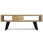 Tavolino da Caffè in Legno Massello e Metallo, Effetto Invecchiato / Naturale, 2 Posti — 122cm L × 56cm P × 46cm H