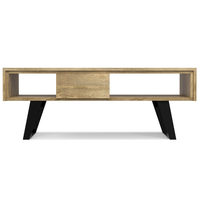 Tavolino da Caffè in Legno Massello e Metallo, Effetto Invecchiato / Naturale, 2 Posti — 122cm L × 56cm P × 46cm H
