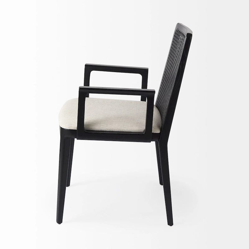 Sedia da pranzo – Marrone chiaro / Nero, Schienale in canna, Seduta in tessuto crema, Singola