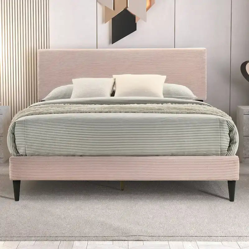 Letto a piattaforma Queen imbottito con testiera – Rosa / Crema / Grigio