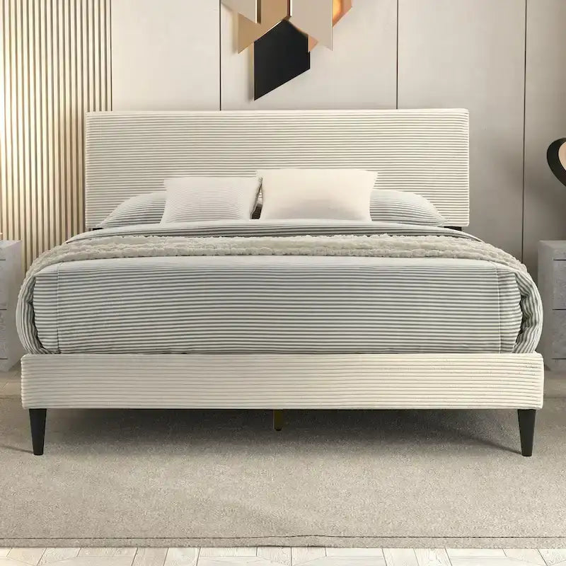 Letto a piattaforma Queen imbottito con testiera – Rosa / Crema / Grigio