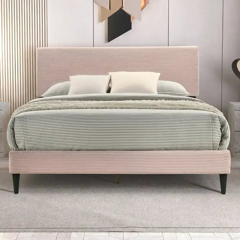 Letto a piattaforma Queen imbottito con testiera – Rosa / Crema / Grigio