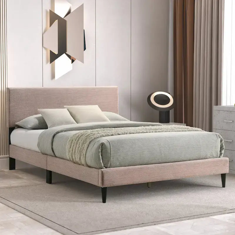 Letto a piattaforma Queen imbottito con testiera – Rosa / Crema / Grigio