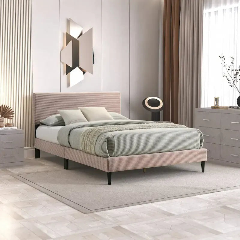 Letto a piattaforma Queen imbottito con testiera – Rosa / Crema / Grigio