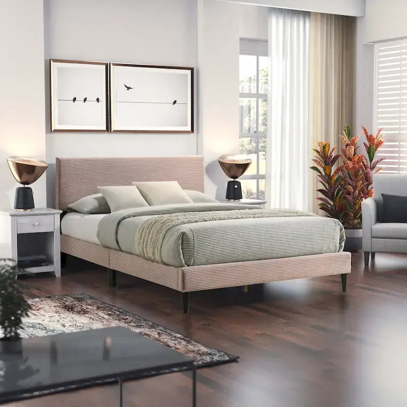 Letto a piattaforma Queen imbottito con testiera – Rosa / Crema / Grigio