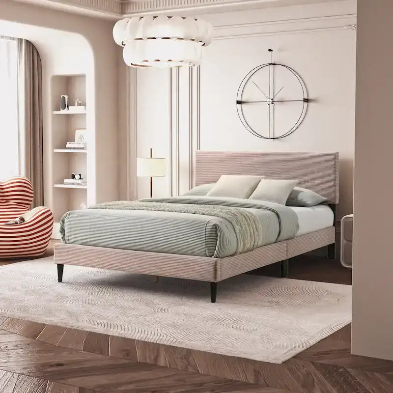 Letto a piattaforma Queen imbottito con testiera – Rosa / Crema / Grigio