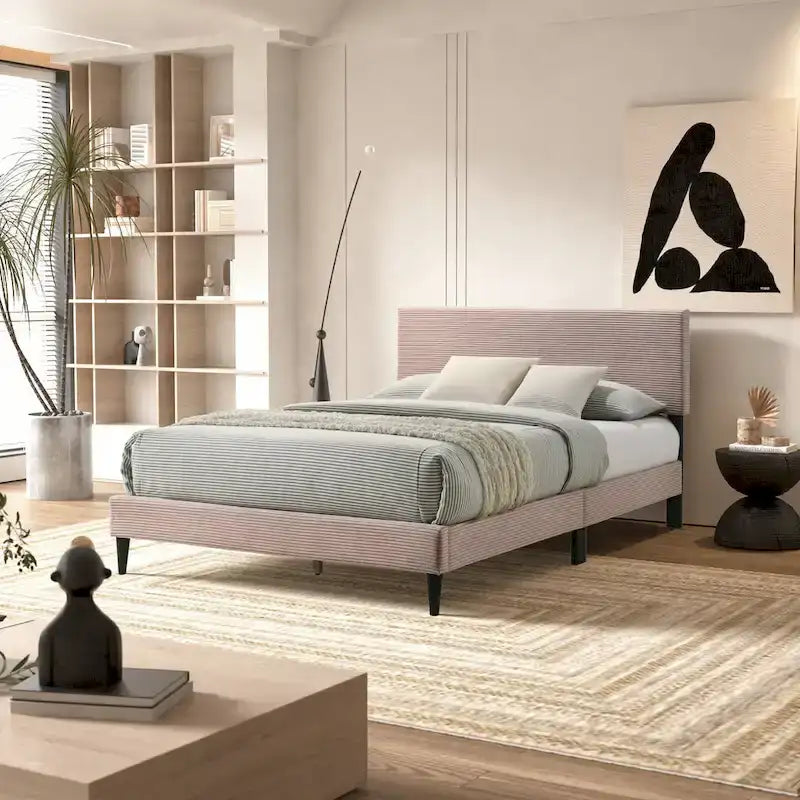 Letto a piattaforma Queen imbottito con testiera – Rosa / Crema / Grigio
