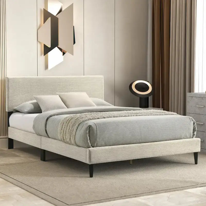 Letto a piattaforma Queen imbottito con testiera – Rosa / Crema / Grigio