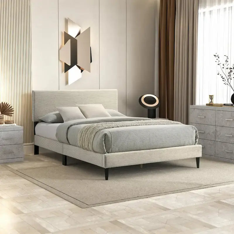 Letto a piattaforma Queen imbottito con testiera – Rosa / Crema / Grigio