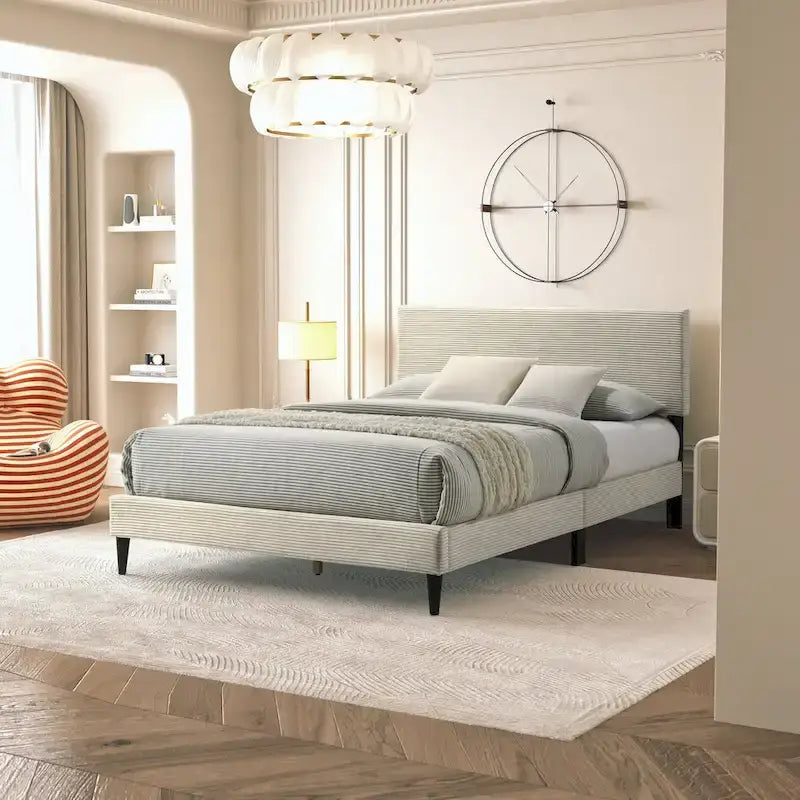 Letto a piattaforma Queen imbottito con testiera – Rosa / Crema / Grigio