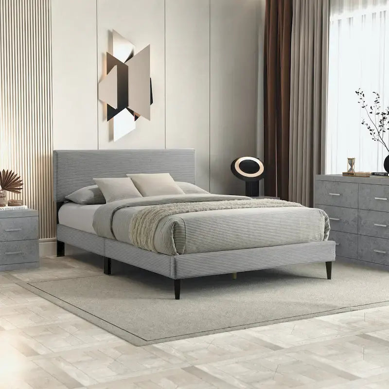Letto a piattaforma Queen imbottito con testiera – Rosa / Crema / Grigio