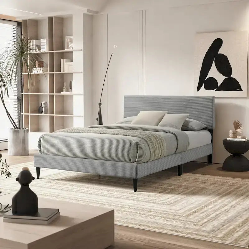 Letto a piattaforma Queen imbottito con testiera – Rosa / Crema / Grigio