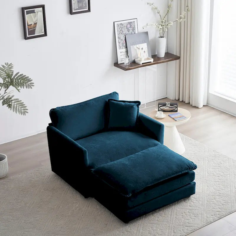 Poltrona d'accento in ciniglia blu con pouf, seduta singola