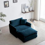 Poltrona d'accento in ciniglia blu con pouf, seduta singola