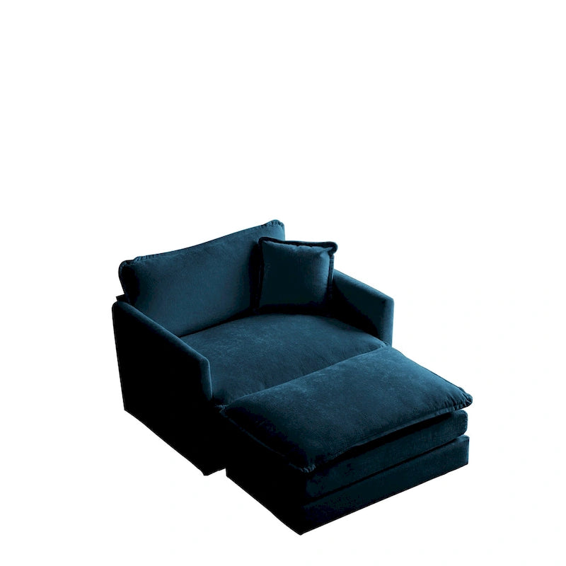 Poltrona d'accento in ciniglia blu con pouf, seduta singola