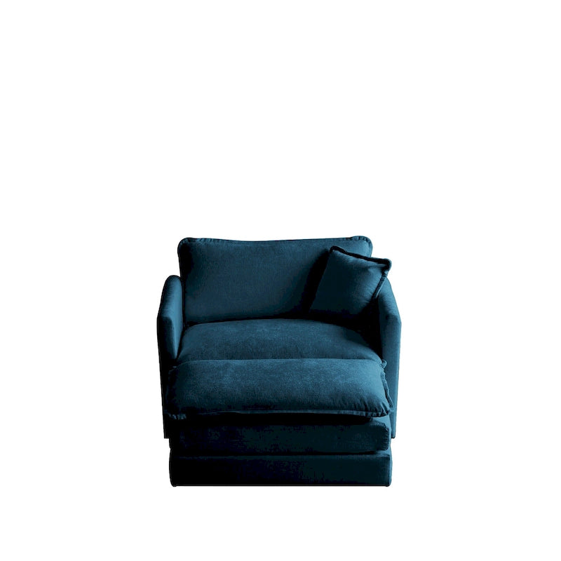 Poltrona d'accento in ciniglia blu con pouf, seduta singola