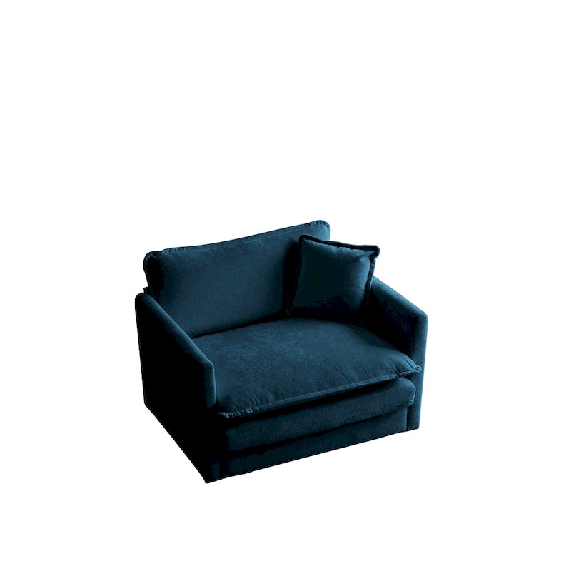 Poltrona d'accento in ciniglia blu con pouf, seduta singola