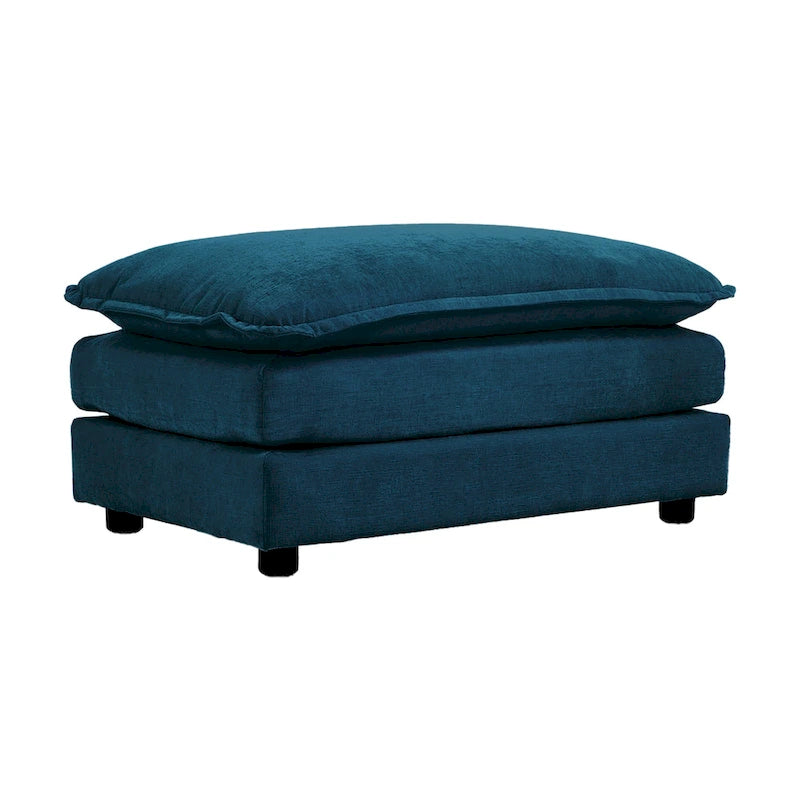 Poltrona d'accento in ciniglia blu con pouf, seduta singola