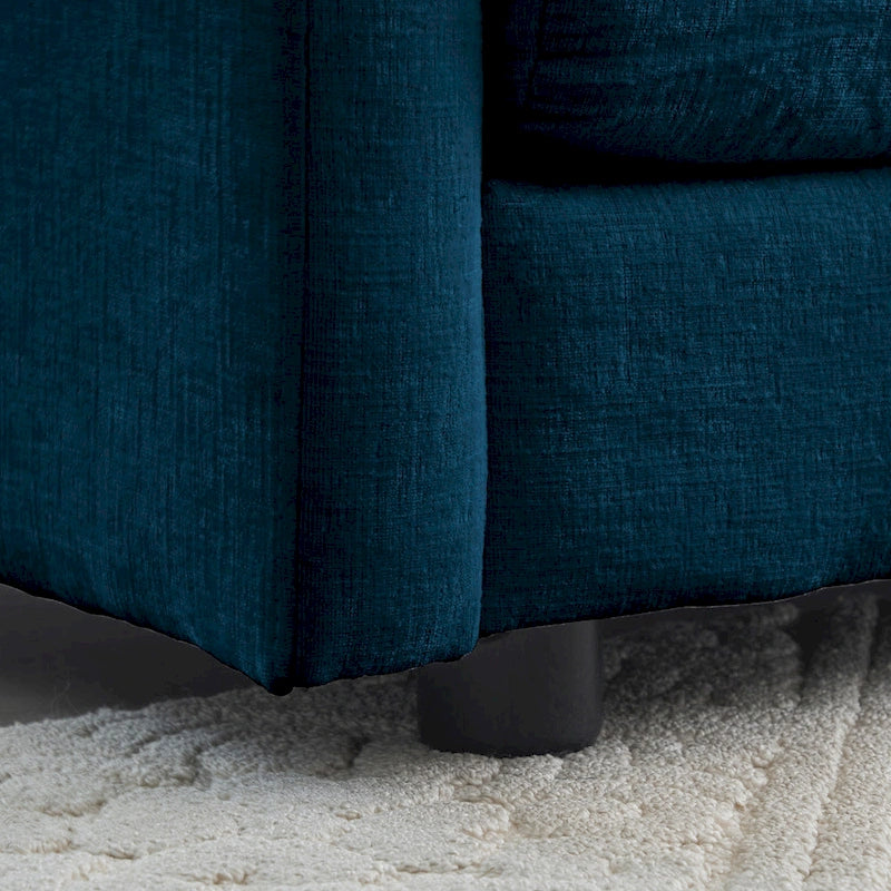 Poltrona d'accento in ciniglia blu con pouf, seduta singola
