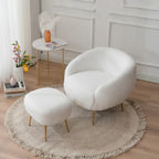 Poltrona a botte singola in velluto Teddy bianco con pouf