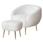 Poltrona a botte singola in velluto Teddy bianco con pouf