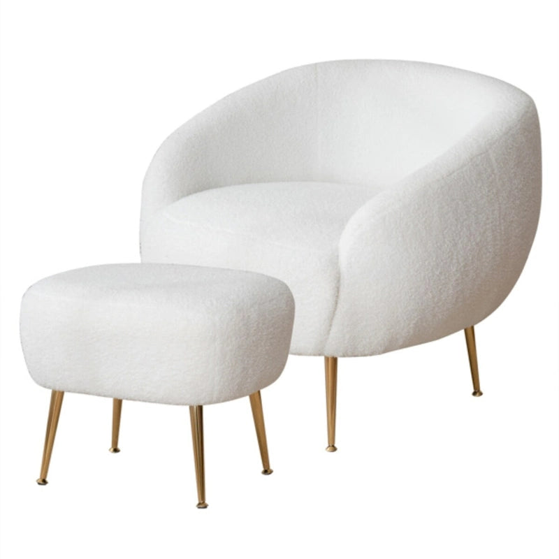 Poltrona a botte singola in velluto Teddy bianco con pouf