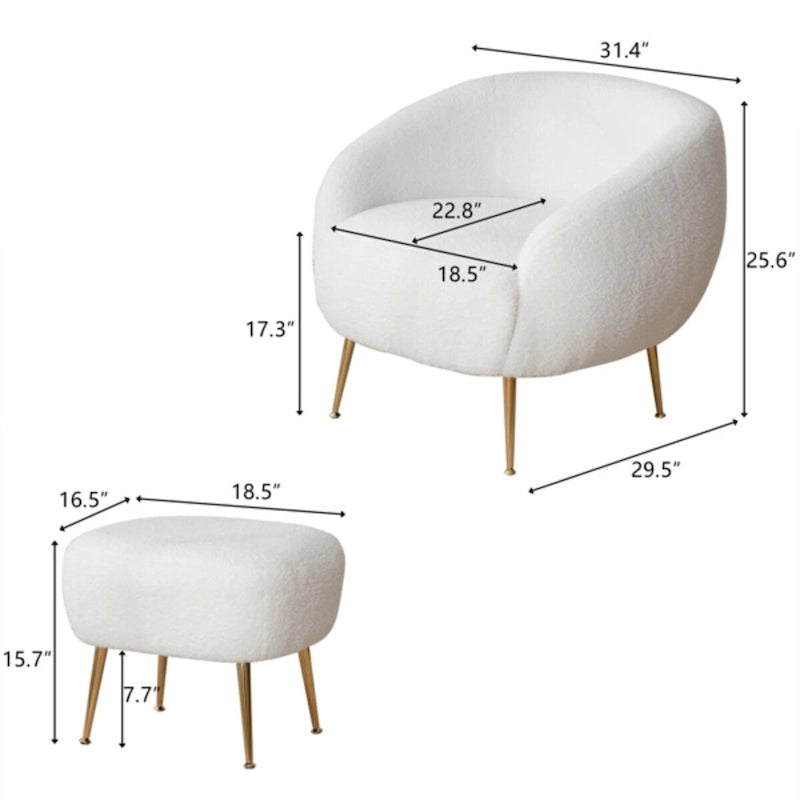 Poltrona a botte singola in velluto Teddy bianco con pouf