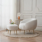 Poltrona a botte singola in velluto Teddy bianco con pouf