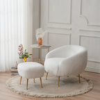 Poltrona a botte singola in velluto Teddy bianco con pouf