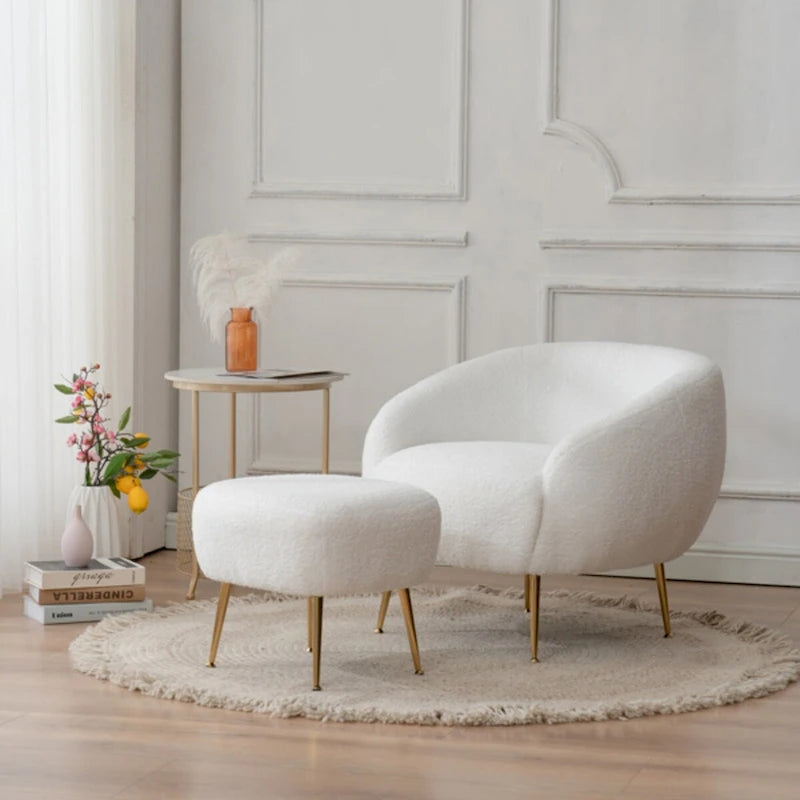 Poltrona a botte singola in velluto Teddy bianco con pouf