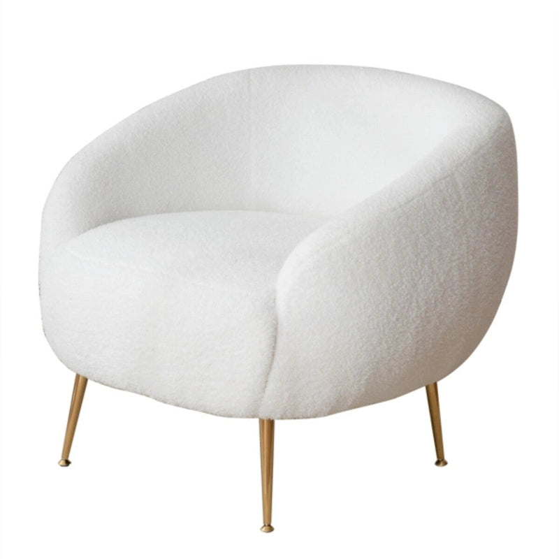 Poltrona a botte singola in velluto Teddy bianco con pouf