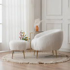 Poltrona a botte singola in velluto Teddy bianco con pouf