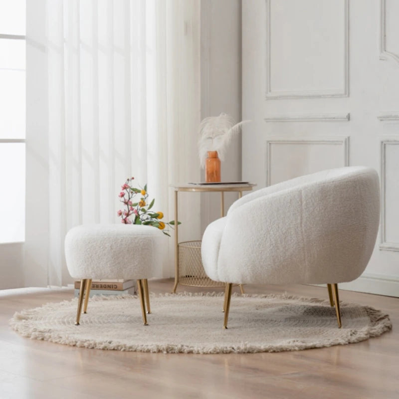 Poltrona a botte singola in velluto Teddy bianco con pouf