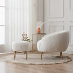 Poltrona a botte singola in velluto Teddy bianco con pouf