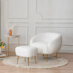 Poltrona a botte singola in velluto Teddy bianco con pouf